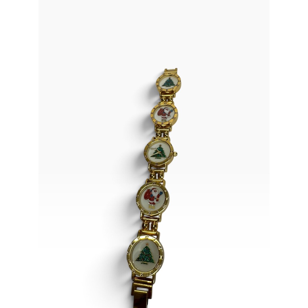 Vintage Lafayette Santa And Christmas Tree Watch Bracelet Gold Tone New Battery - Picture 5 of 7